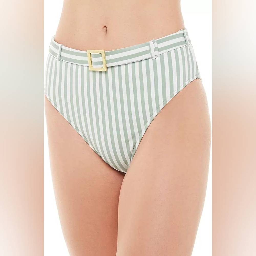 Who Wore What Striped Belted High Waist Bikini Bottom